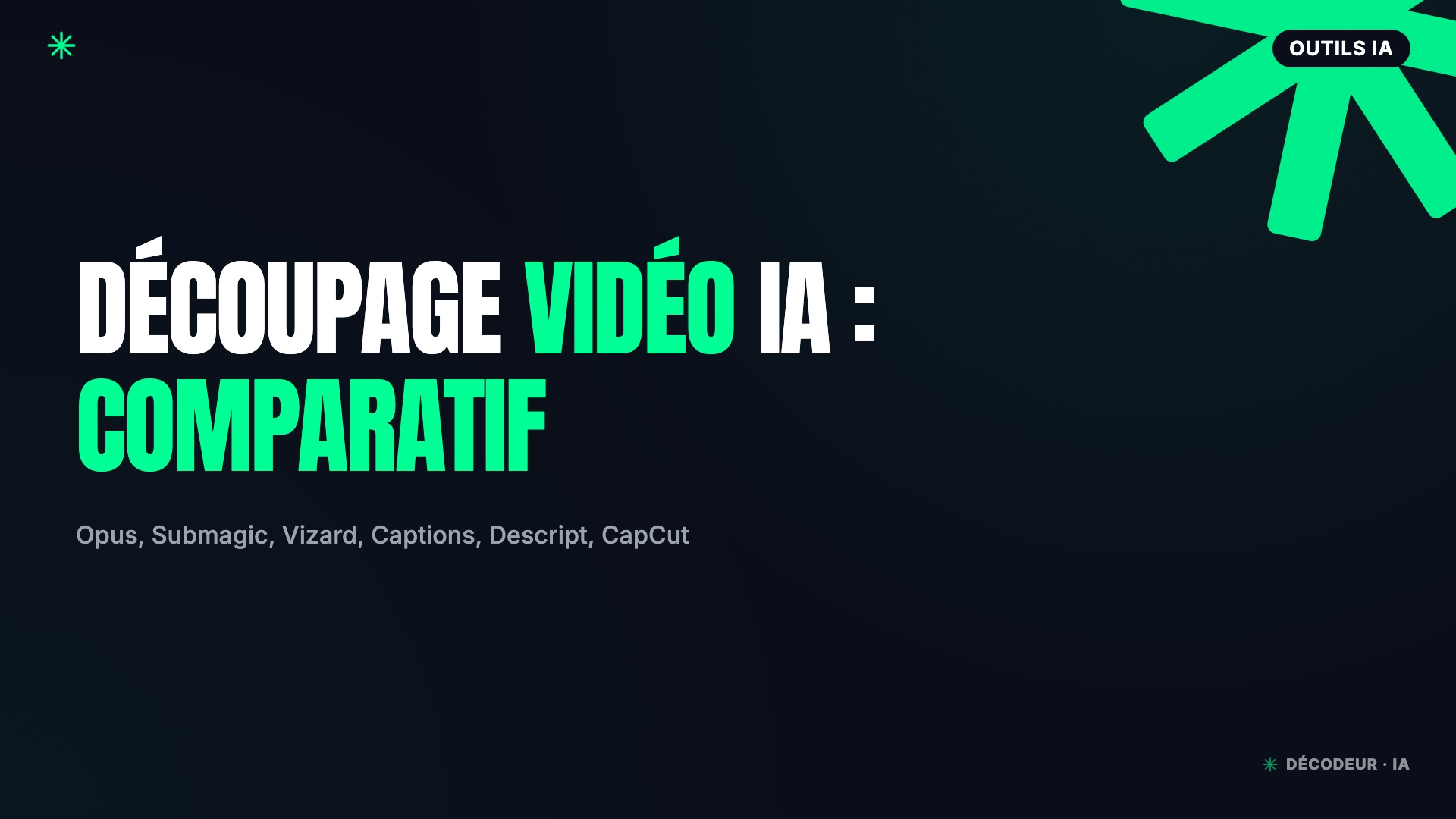 Six interfaces d'éditeurs vidéo IA empilées avec une timeline commune et des captions animées