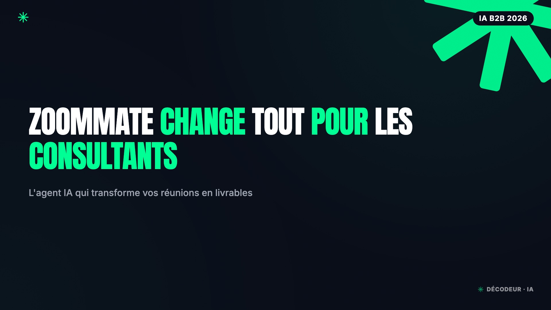 Consultant en réunion client, Zoom ZoomMate transformant la conversation en rapport automatique à l'écran