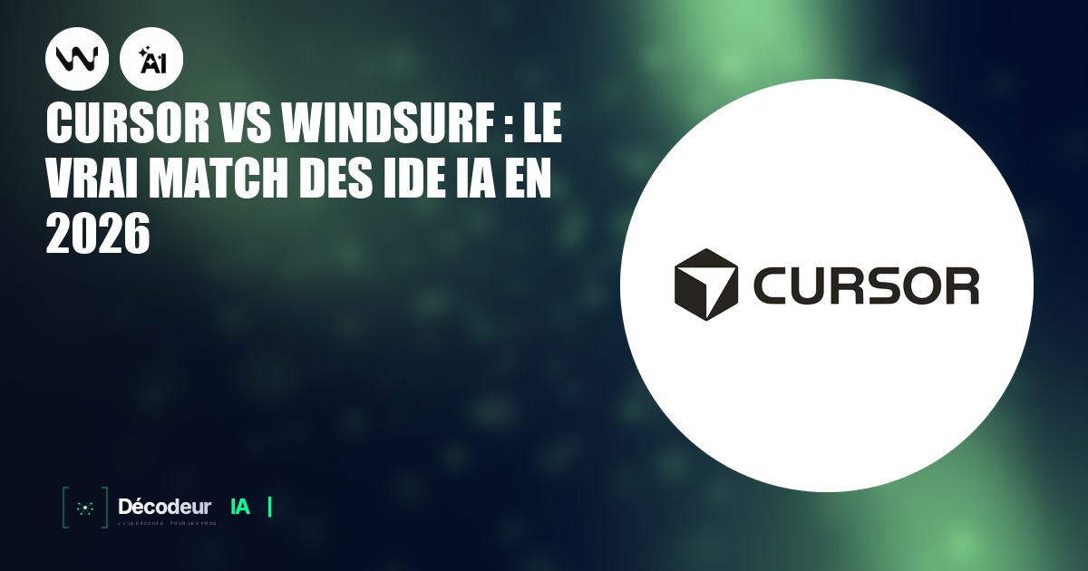 Logos de Cursor et Windsurf côte à côte sur fond sombre avec code en arrière-plan