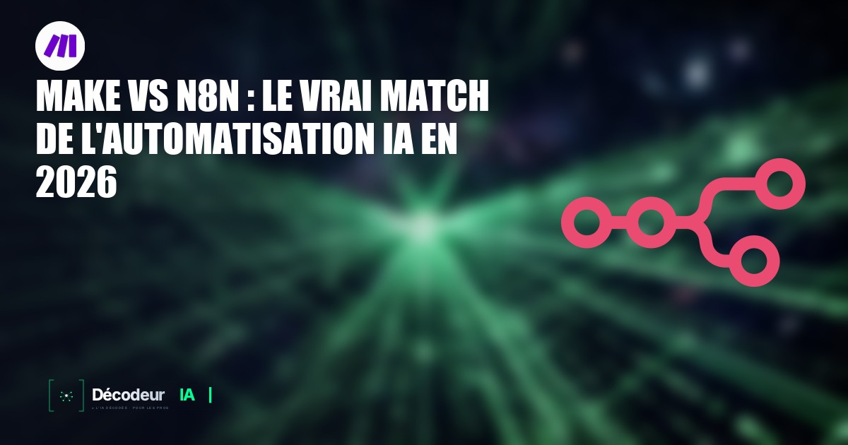 Logos Make et n8n côte à côte avec des icônes de workflows et d'agents IA