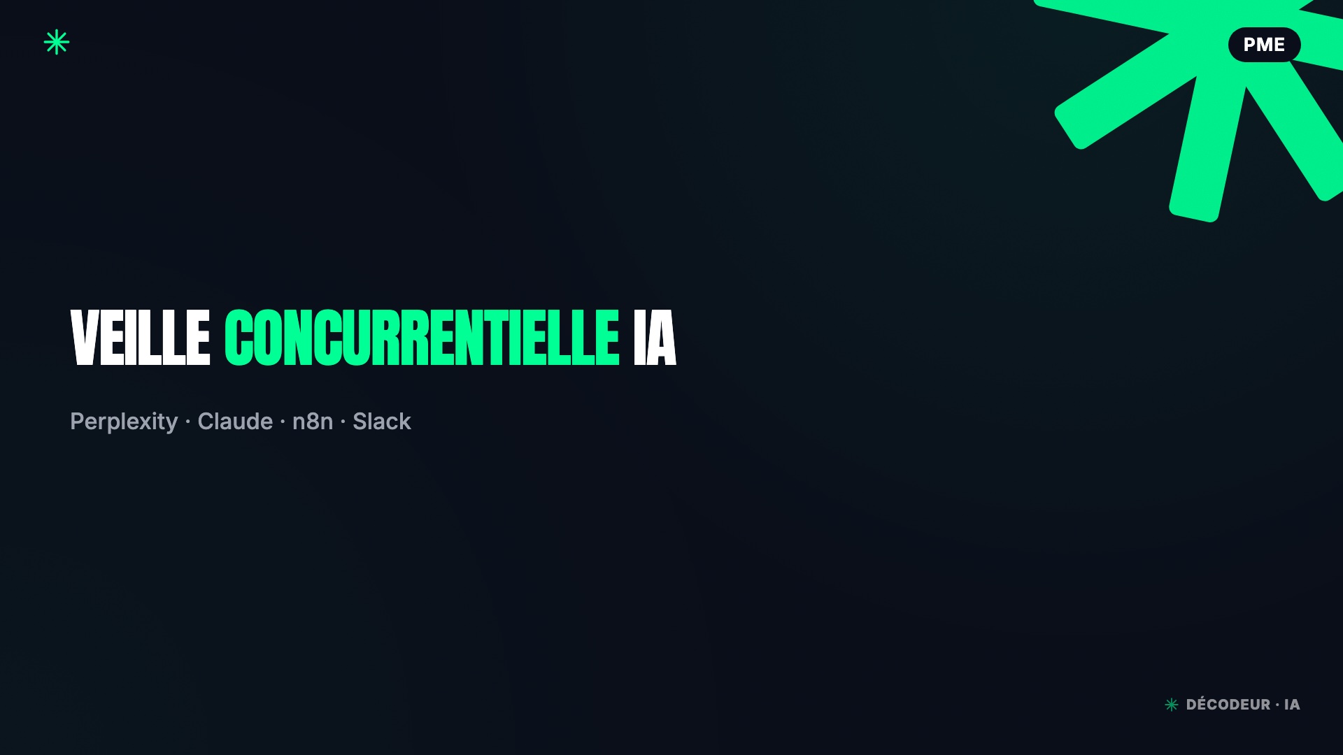 Schéma d'un pipeline de veille concurrentielle IA reliant Perplexity, Claude, n8n, Notion et Slack