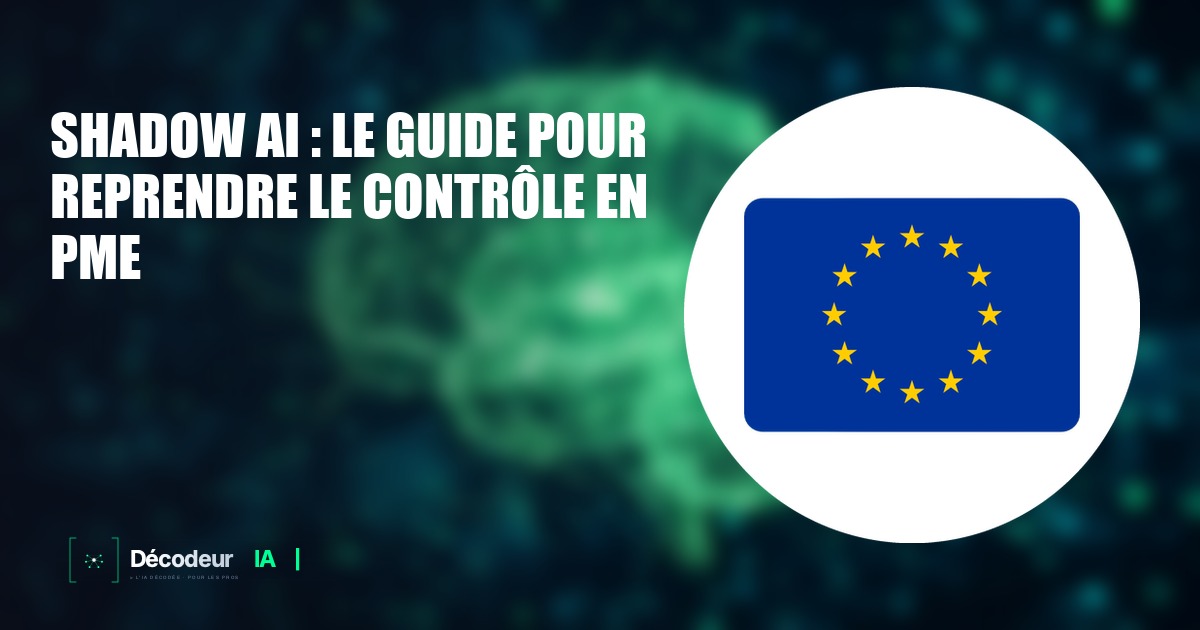 Illustration d'un bureau avec des applications IA cachées derrière un écran d'ordinateur, symbolisant le shadow AI en entreprise