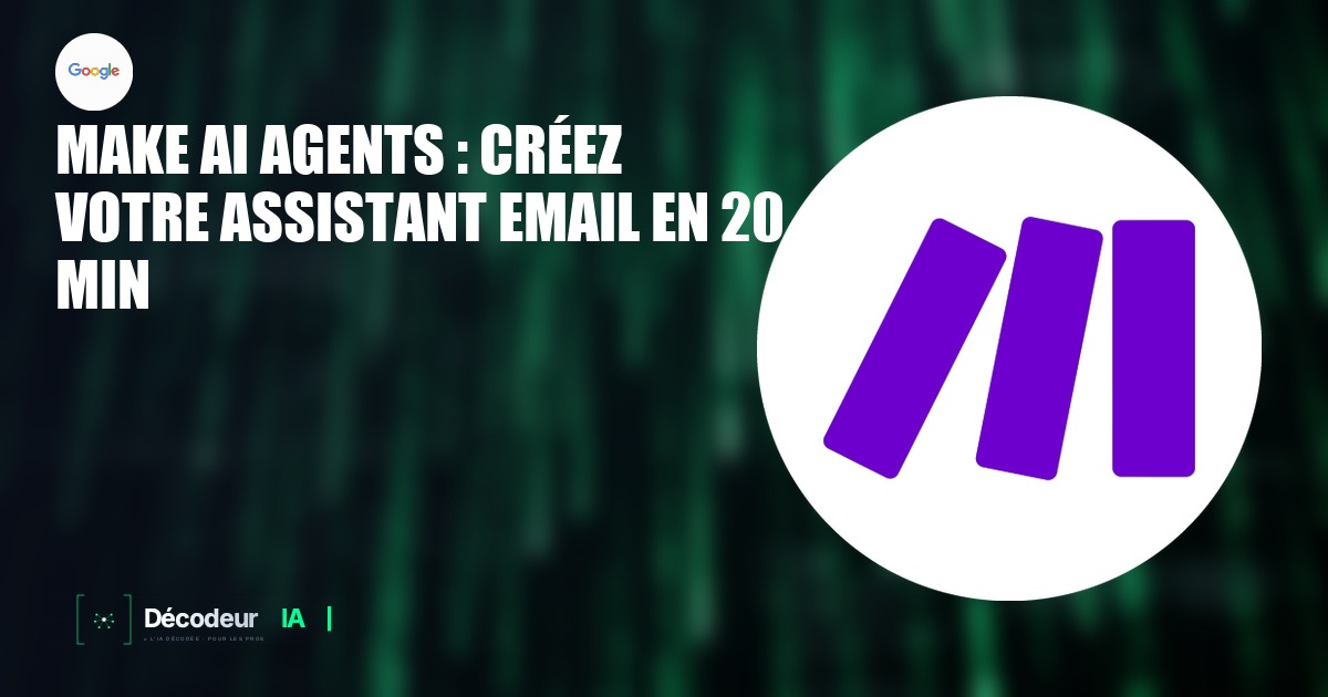 Interface Make.com montrant un scénario d'agent IA connecté à Gmail et Slack