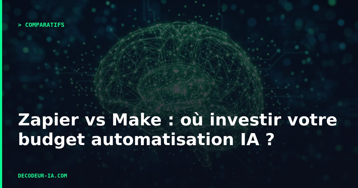 Logos Zapier et Make côte à côte avec des icônes de workflows automatisés et d'agents IA